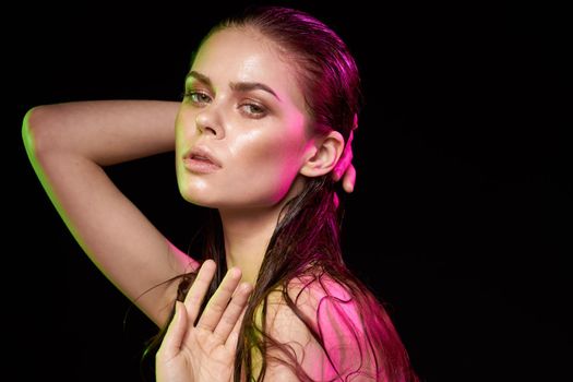 woman model hairstyle fashion naked shoulders makeup studio lifestyle. High quality photo