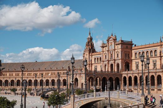 view of Seville's main square Plaza de Espana from arch covered walkway Spain - Andalusia