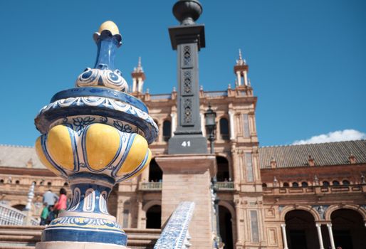 Andalisia Seville's main square Plaza de Espana Spain. Closeup on blue decorative ceramic element of the stairs