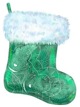 Christmas patterned green sock for gifts isolated on white background. Watercolor hand drawn illustration