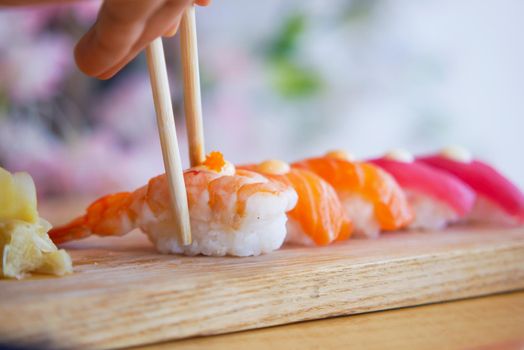 Traditional japanese nigiri sushi with salmon