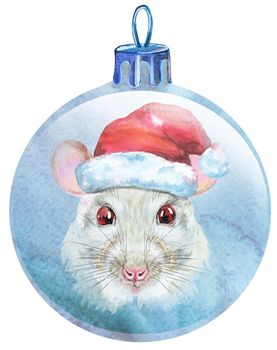 Watercolor Christmas white ball with the image of a white rat isolated on a white background.