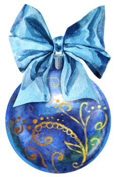 Watercolor Christmas blue ball with bow and gold decoration isolated on a white background.