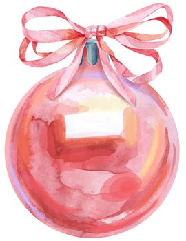 Watercolor Christmas pink ball isolated on a white background.