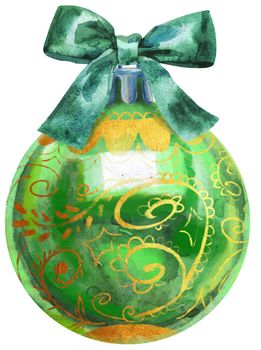 Watercolor Christmas green ball with bow isolated on a white background.