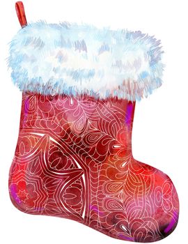 Christmas red patterned sock for gifts isolated on white background. Watercolor hand drawn illustration