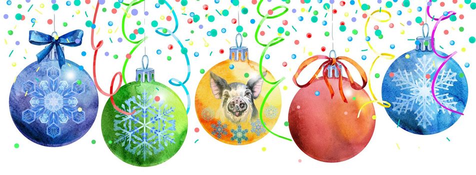 Border with watercolor Christmas balls with image of pig and snowflakes. Card for your creativity