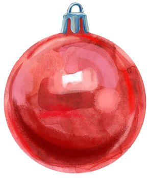 Watercolor Christmas red ball isolated on a white background.