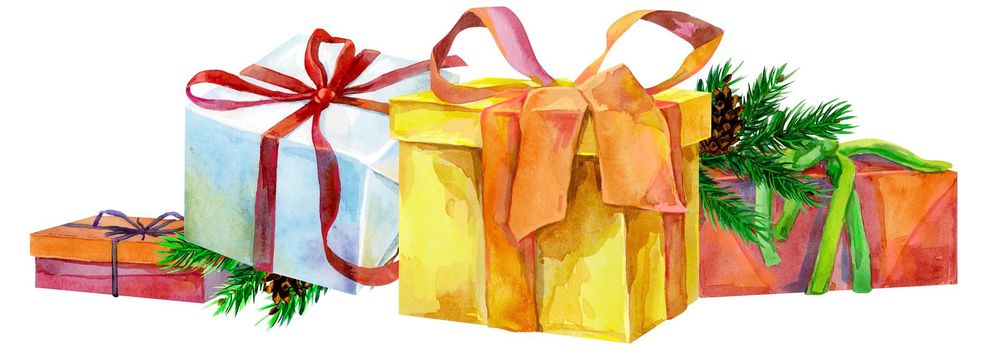 Border of gift box with bow and with a branch of spruce, isolated, watercolor painting on white background