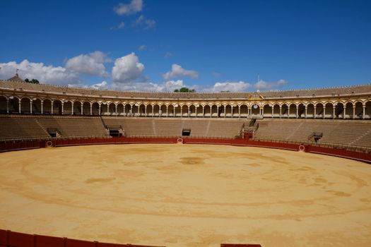 April 2019 Bullfighting arena (plaza de toros) in Seville, Real Maestranza de Caballeria de Sevilla, Spain