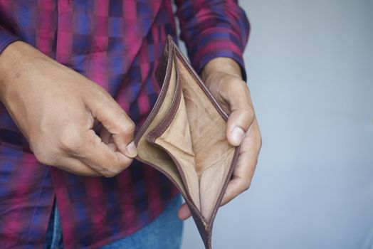 Man hand open an empty wallet with copy space