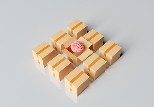 human brain coming out of an open cardboard box surrounded by more closed boxes. 3d rendering