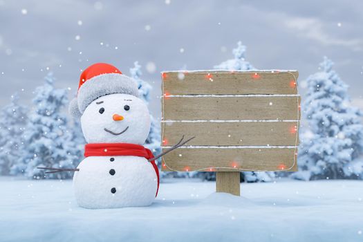 wooden sign on a snowy landscape with a snowman pointing at it. 3d rendering