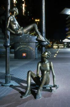 Two Post box statues in Bratislava Slovakia at night