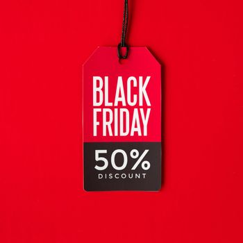 black friday discount tag red background. High resolution photo