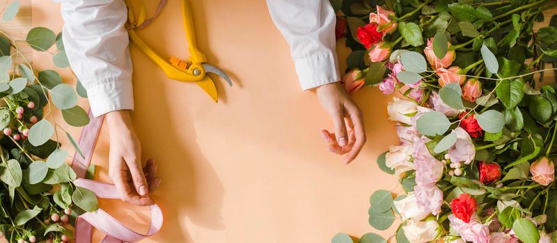 close up florist working table. High resolution photo