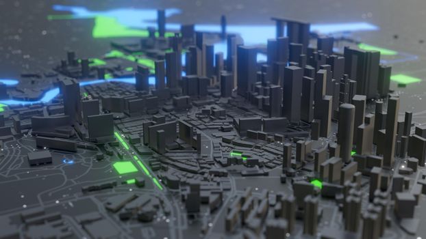Abstract neon glowing Smart city with buildings and streets. 3d illustration. Night futuristic city