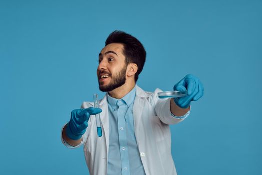 laboratory assistant in a white apron analyzes diagnostics. High quality photo