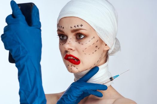 portrait of a woman Red lips plastic surgery operation bare shoulders studio lifestyle. High quality photo