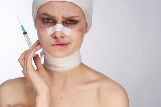 female patient bruised face medicine treatment injury studio lifestyle. High quality photo