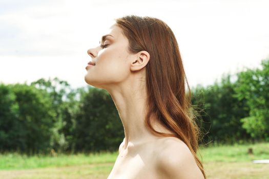 beautiful woman Cosmetology nature green leaves glamor model. High quality photo