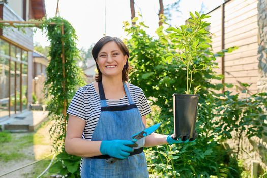 Middle-aged woman with peony plant in pot for planting in spring garden. Female in apron, gloves with garden shovel, backyard plants, springtime, hobbies and leisure, lifestyle, 40s people concept