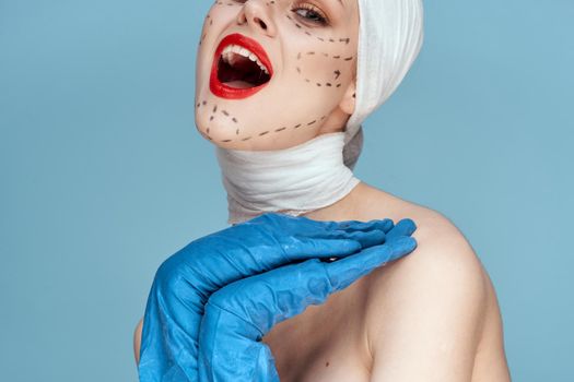 female patient Red lips plastic surgery operation bare shoulders studio lifestyle. High quality photo