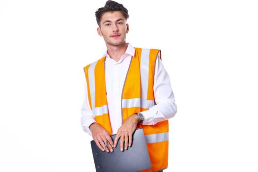 man in orange hard hat engineer work professionals construction. High quality photo