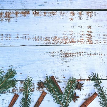 Christmas composition. Beautiful holiday decorations on a white wooden background. Flat lay, top view with copy space.