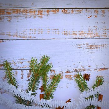 Christmas composition. Beautiful holiday decorations on a white wooden background. Flat lay, top view with copy space.