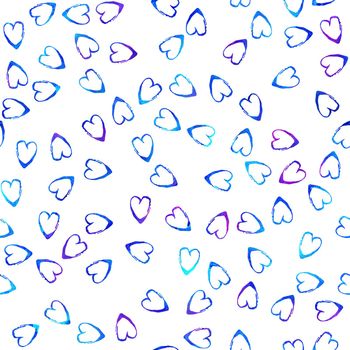 Watercolor Brush Heart Seamless Pattern Love Grange Hand Painted Design in Blue Color. Modern Grung Collage Background for kids fabric and textile.
