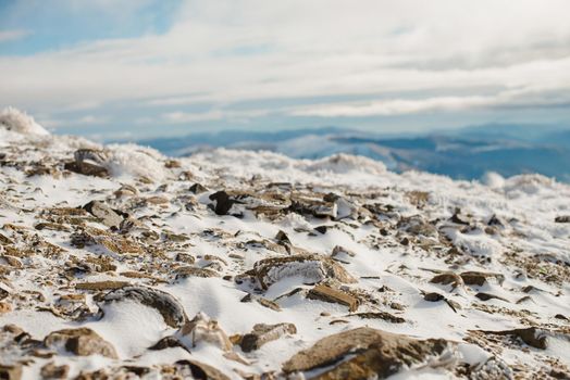 Rocky mountains trail at the top of the mountain, Sinaia, Romania. Geology concept. Relief stone. High quality photo