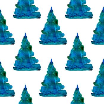 XMAS watercolor Pine Tree Seamless Pattern in Blue Color. Hand Painted fir tree background or wallpaper for Ornament, Wrapping or Christmas Gift.