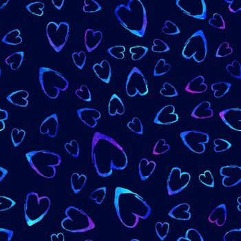 Watercolor Brush Heart Seamless Pattern Love Grange Hand Painted Design in Blue Color. Modern Grung Collage Background for kids fabric and textile.