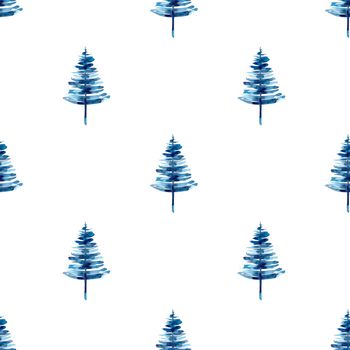 XMAS watercolor Pine Tree Seamless Pattern in Blue Color. Hand Painted fir tree background or wallpaper for Ornament, Wrapping or Christmas Gift.