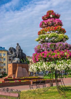 Ternopil, Ukraine 06.07.2021.  Volya Maidan and Danylo Halytskyi Monument in Ternopol, Ukraine, on a sunny summer morning