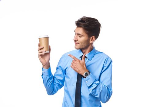 businessmen coffee cup posing office light background. High quality photo