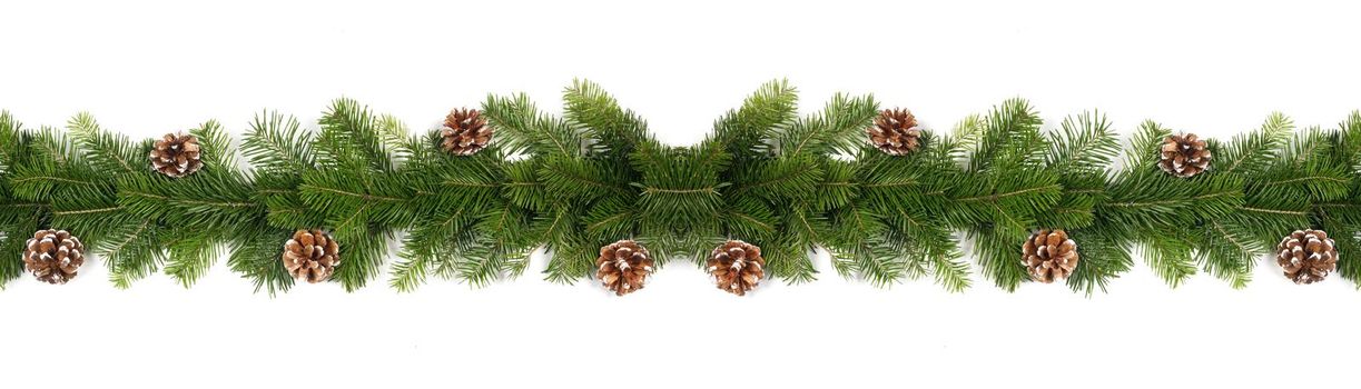 Christmas Border frame of tree branches and pine cones on white background with copy space isolated
