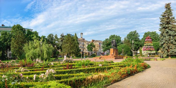 Ternopil, Ukraine 06.07.2021.  Volya Maidan and Danylo Halytskyi Monument in Ternopol, Ukraine, on a sunny summer morning