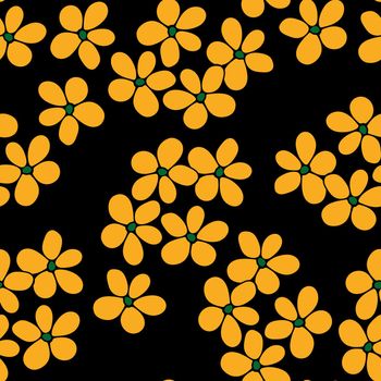 Seamless Repeat Pattern with Flowers and Leaves on black background. Hand drawn fabric, gift wrap, wall art design.