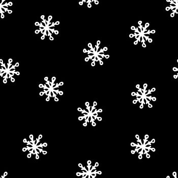 Seamless Pattern with White Snowflakes on Black Background. Abstract Hand-Drawn Doodle Snowflakes.