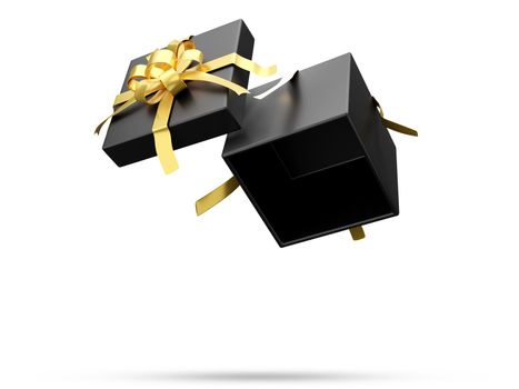 Black gift box with gold ribbon 3D rendering set 1 on white background with clipping path.