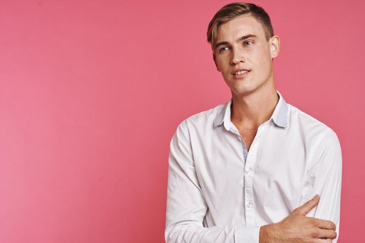 handsome man fashion hairstyle hand gestures modern style isolated background. High quality photo