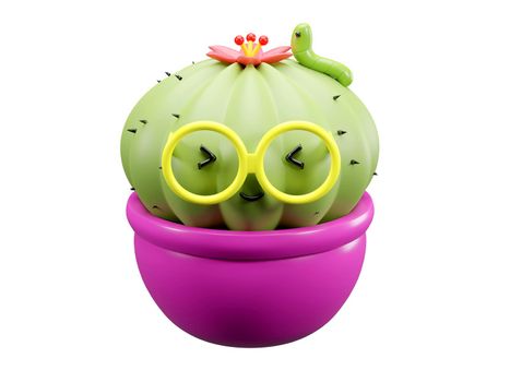 Cactus wearing glasses with worm 3D rendering on white background with clipping path.