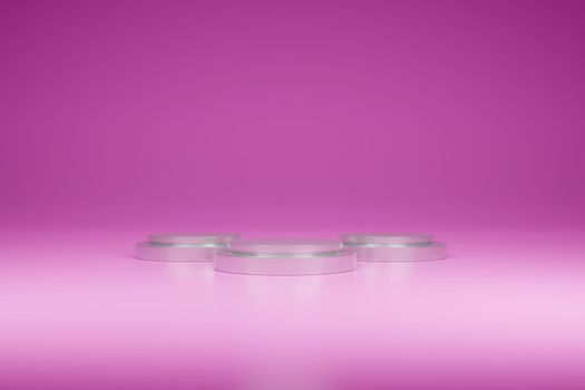 3 pieces white stainless podium 3D rendering on a pink background.show products.