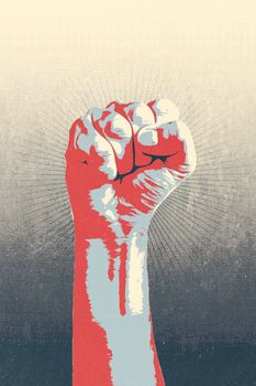 Raised fist concept. Digital draw of a man closed fist finished with stencil or silkscreen printing technique