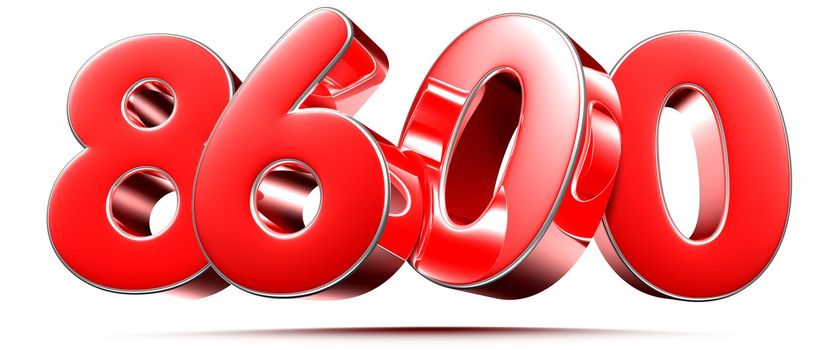 Rounded red numbers 8600 on white background 3D illustration with clipping path
