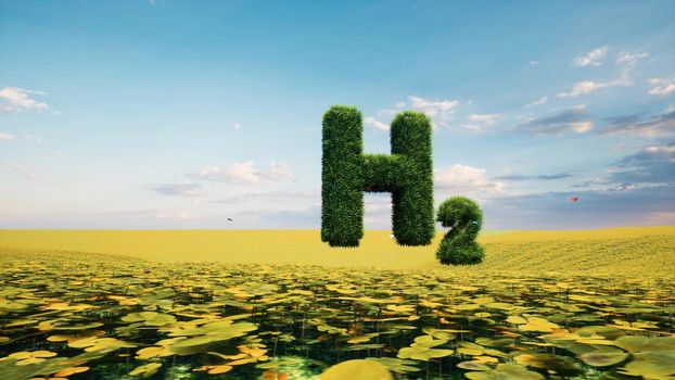 Text H2 hydrogen sustainable energy eco system green grass zero emissions concept 3d render