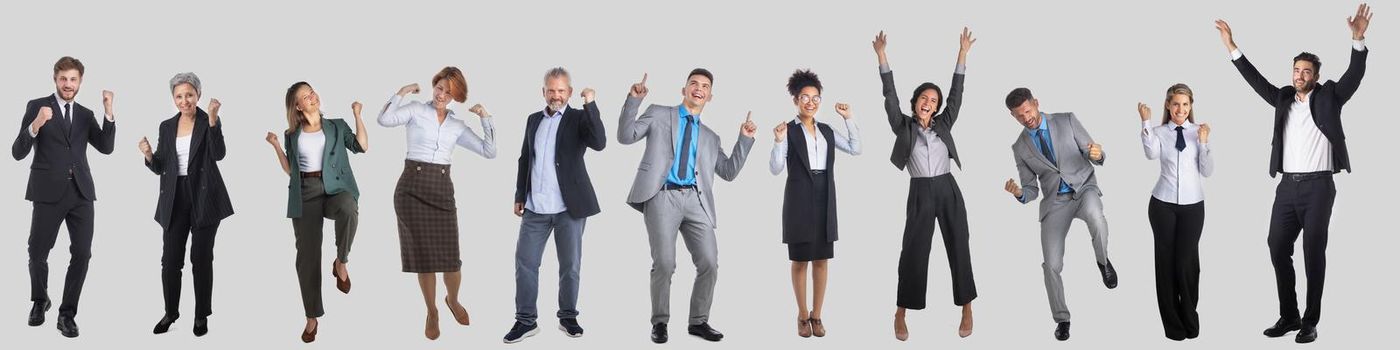 Set Of business people full length portraits, raised arms, gray background