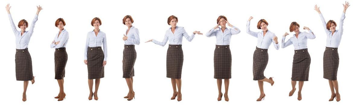 Collage set of full length emotional portraits of business woman isolated on white background